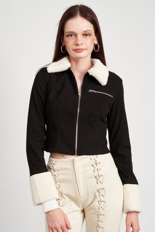 CONTRASTED COLLAR AND CUFF CROP JACKET - Robbi & Angel