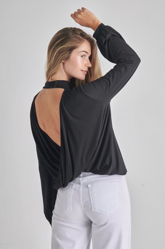 LONG SLEEVE BACK DROP MOCK NECK TOP - Robbi & Angel