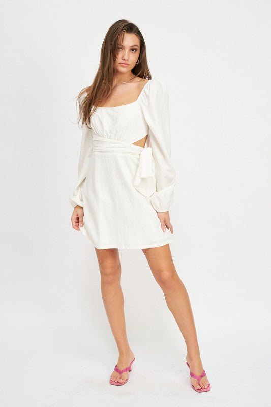 LONG SLEEVE TIE WAIST MINI DRESS - Robbi & Angel