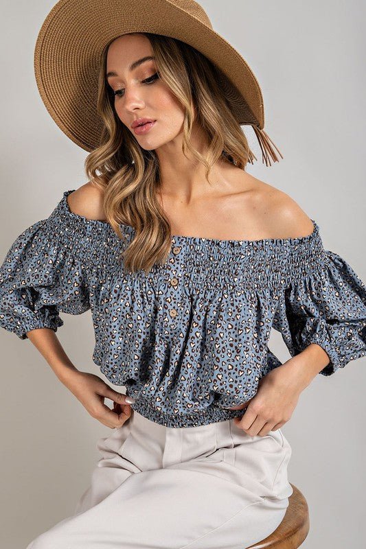 Animal Print Smocked Off the Shoulder Top - Robbi & Angel