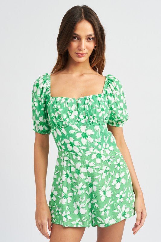 BUBBLE SLEEVE FLORAL ROMPER WITH CUT OUT - Robbi & Angel
