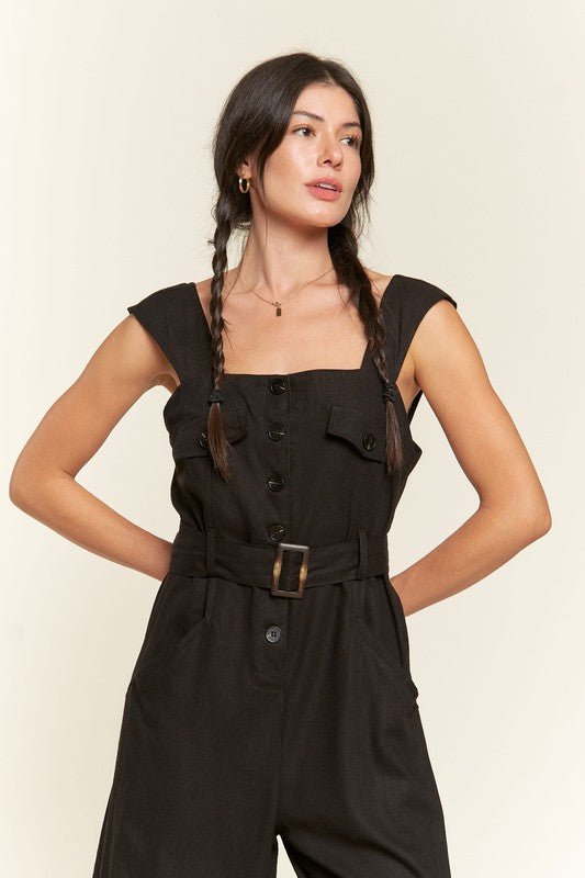 PLUS SLEEVELESS SQUARE NECK BUTTON ANKLE JUMPSUIT - Robbi & Angel