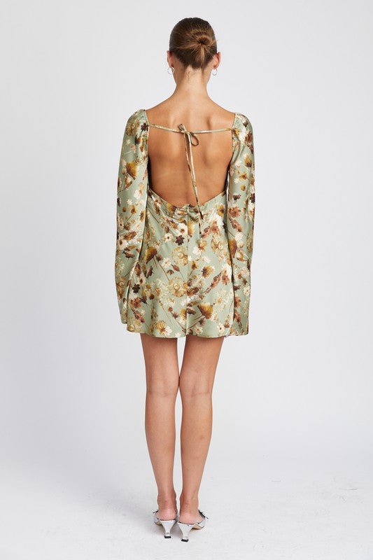 FLORAL LONG SLEEVE MINI DRESS WITH OPEN BACK - Robbi & Angel