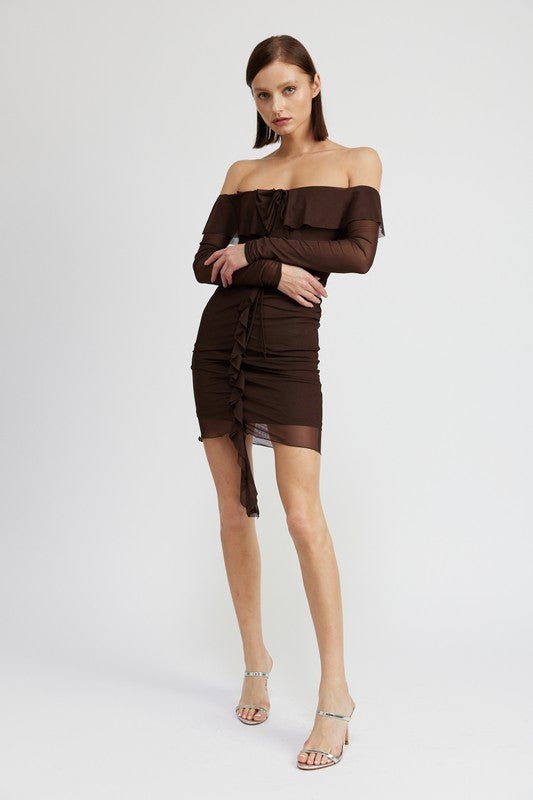 OFF SHOULDER MINI DRESS WITH RUFFLE DETAIL - Robbi & Angel