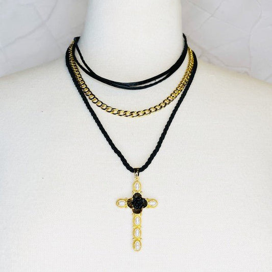 Layered Black Rose Cross Necklace - Robbi & Angel