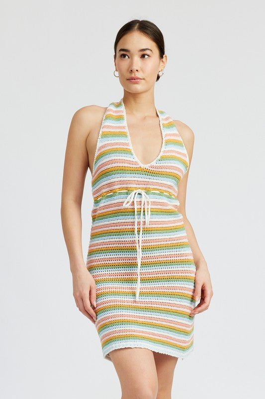 STRIPED CROCHET MINI DRESS WTIH HALTER NECK - Robbi & Angel