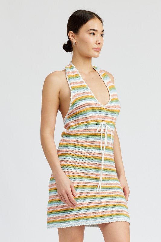 STRIPED CROCHET MINI DRESS WTIH HALTER NECK - Robbi & Angel