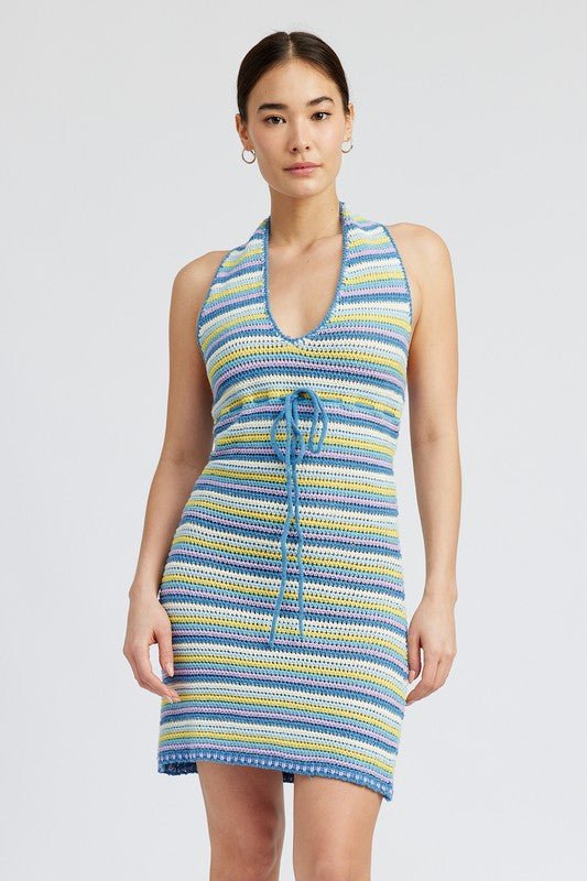 STRIPED CROCHET MINI DRESS WTIH HALTER NECK - Robbi & Angel