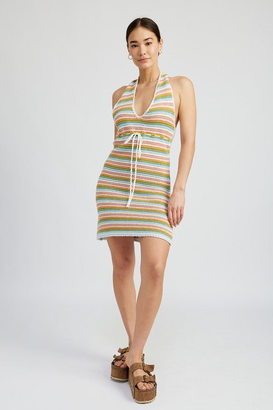 STRIPED CROCHET MINI DRESS WTIH HALTER NECK - Robbi & Angel