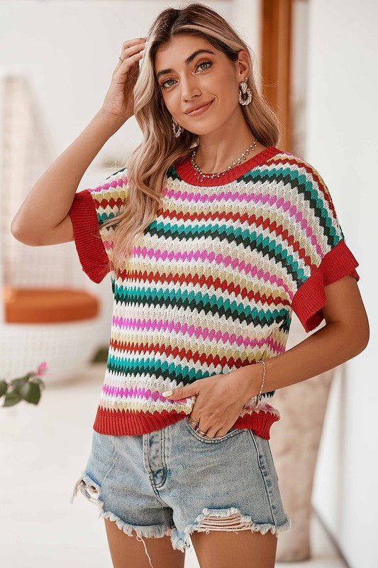 Red Pink Green stripe ruffle short sleeve knit top - Robbi & Angel