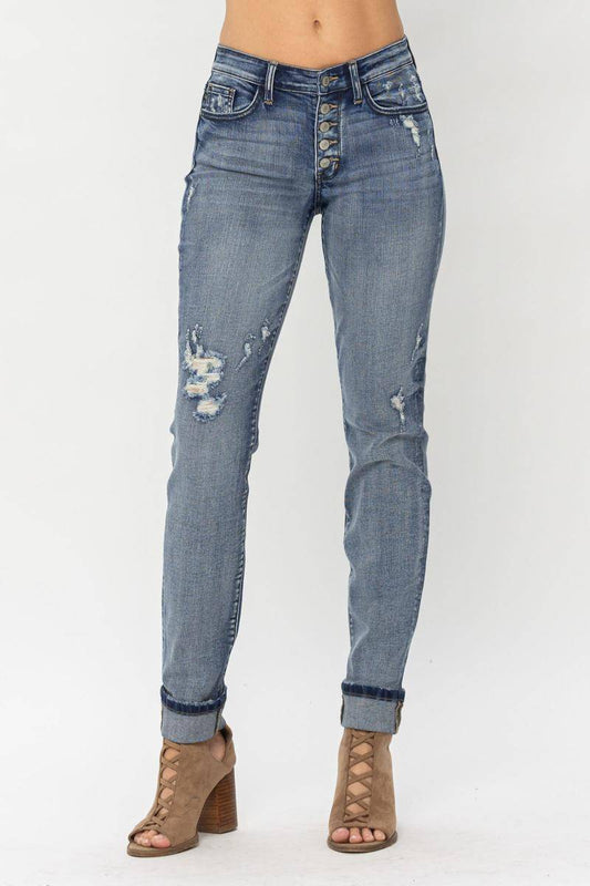 Judy Blue Mid-Rise Button Fly Contrast Wash Cuffed Boyfriend Jeans - Robbi & Angel