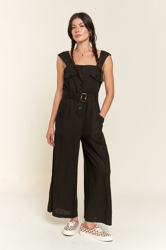 PLUS SLEEVELESS SQUARE NECK BUTTON ANKLE JUMPSUIT - Robbi & Angel