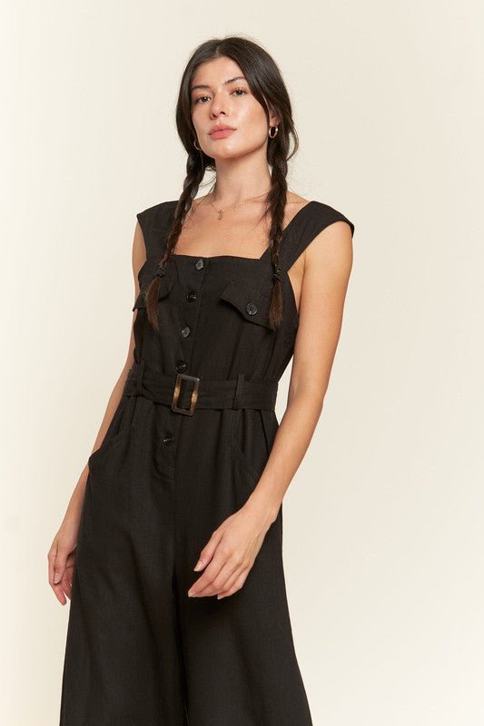 PLUS SLEEVELESS SQUARE NECK BUTTON ANKLE JUMPSUIT - Robbi & Angel