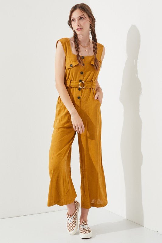 PLUS SLEEVELESS SQUARE NECK BUTTON ANKLE JUMPSUIT - Robbi & Angel