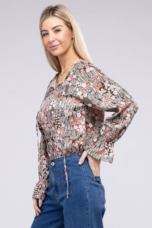 Floral Print Tie Neck Blouse - Robbi & Angel