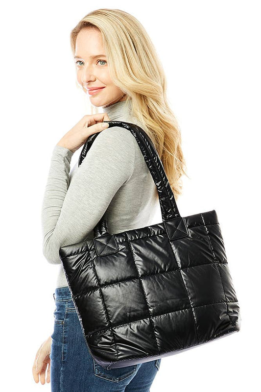 Quilted Shiny Puffer Tote Bag - Robbi & Angel