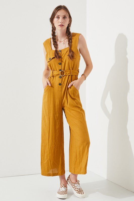 PLUS SLEEVELESS SQUARE NECK BUTTON ANKLE JUMPSUIT - Robbi & Angel