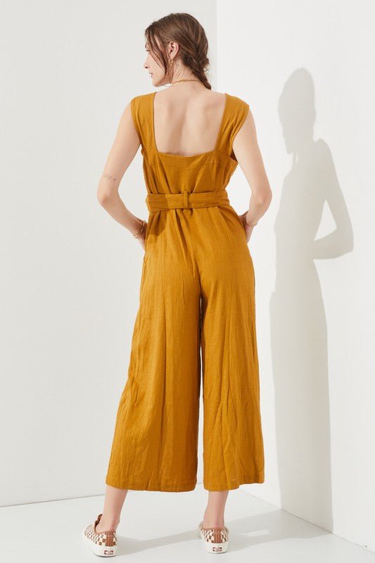 PLUS SLEEVELESS SQUARE NECK BUTTON ANKLE JUMPSUIT - Robbi & Angel