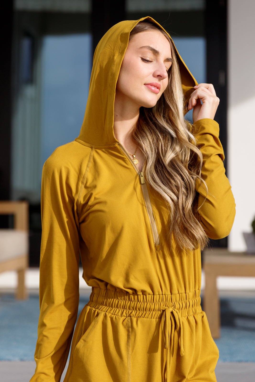 Getting Out Long Sleeve Hoodie Romper Gold Spice - Robbi & Angel