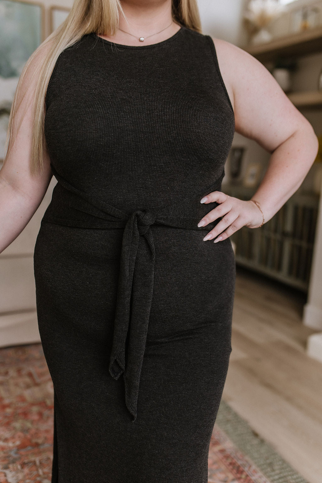 Out on the Town Tie Detail Midi Dress in Charcoal - Robbi & Angel