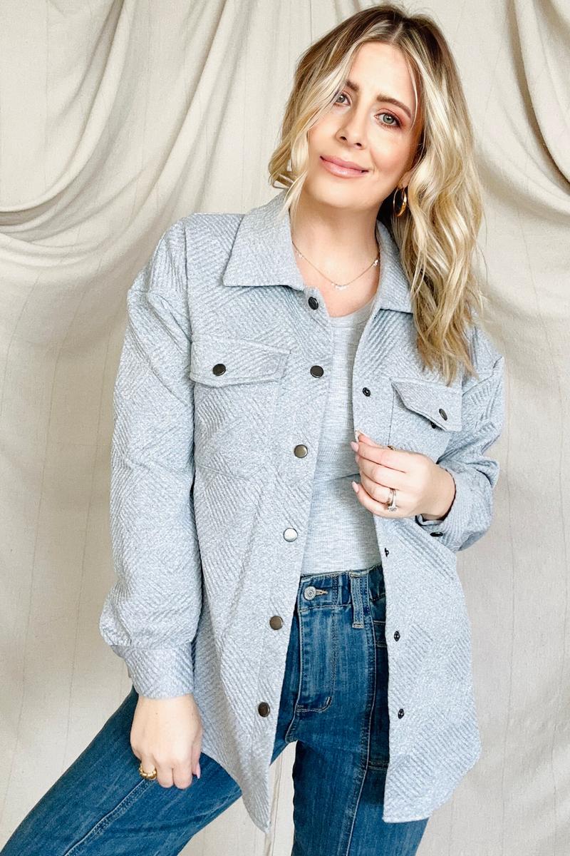 Solid Textured Flap Pocket Buttoned Shacket - Robbi & Angel