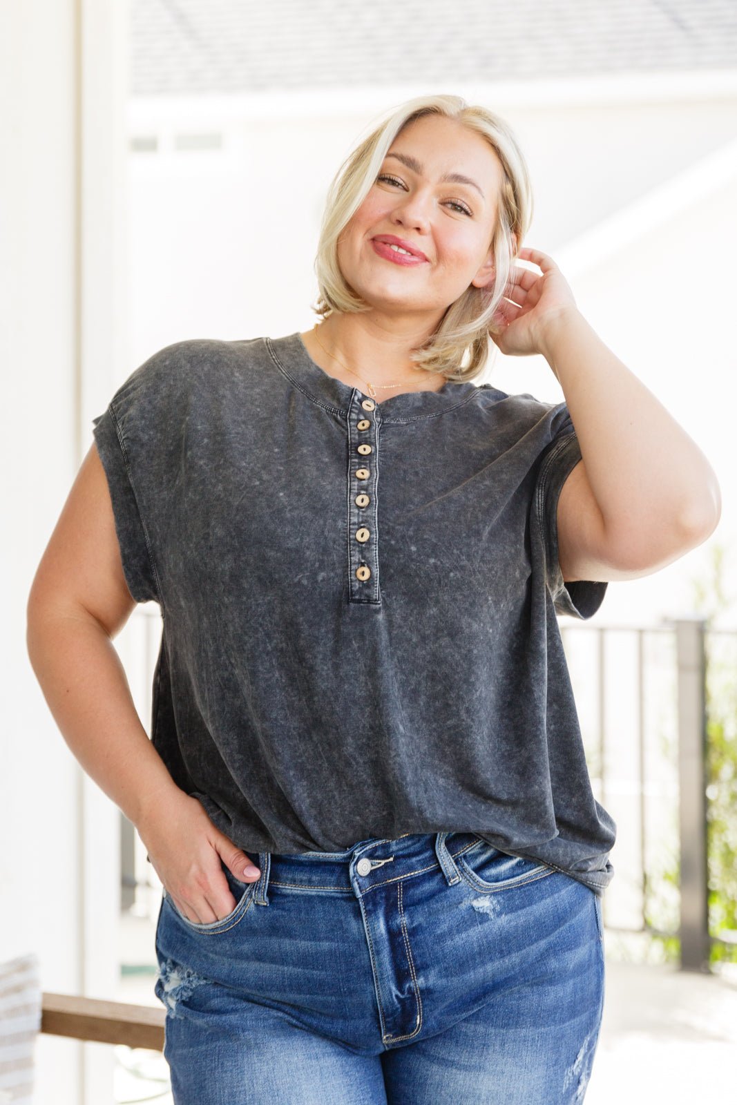 She's Alright Mineral Wash Sleeveless Henley - Robbi & Angel