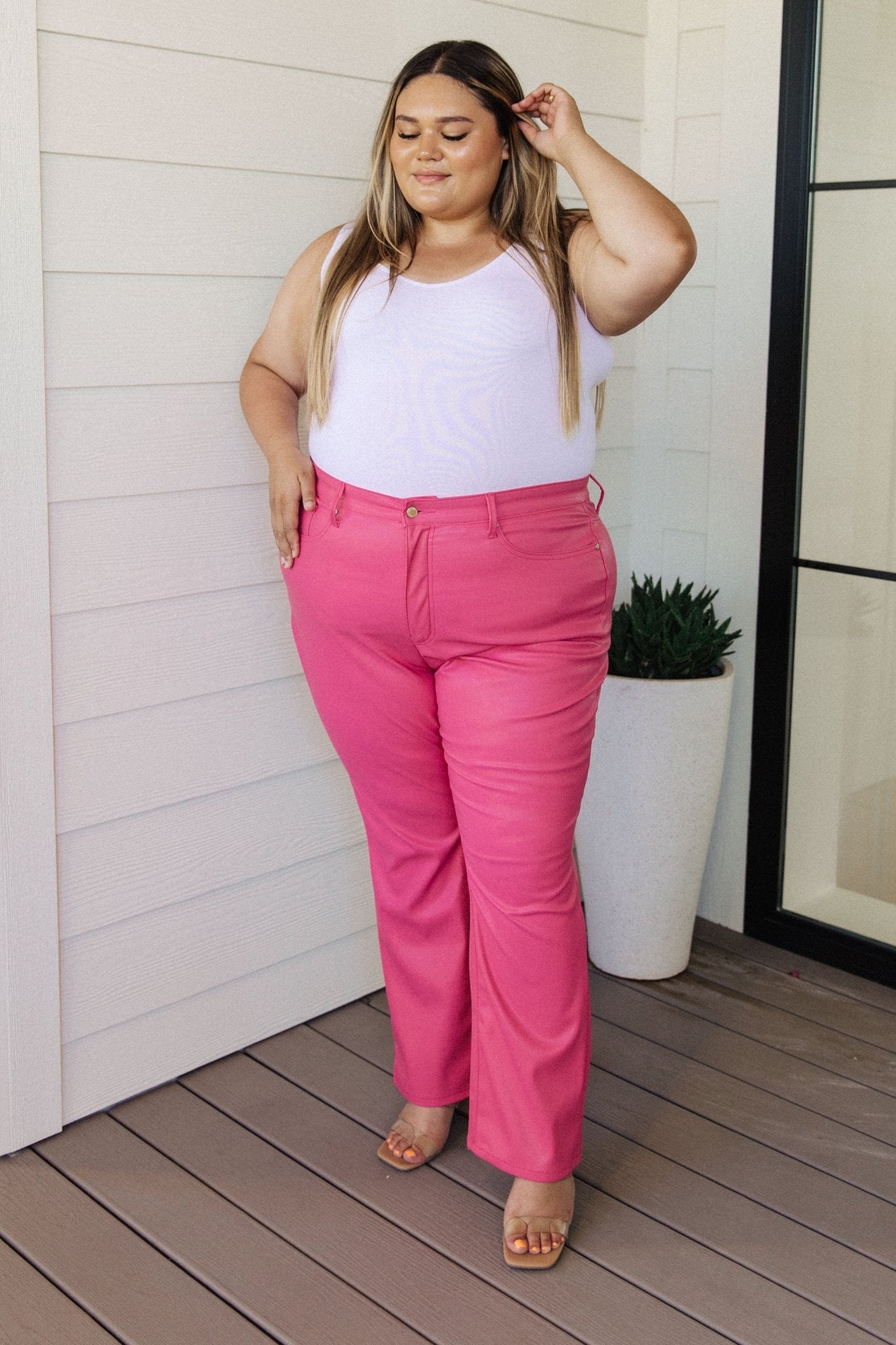 Tanya Control Top Faux Leather Pants in Hot Pink - Robbi & Angel