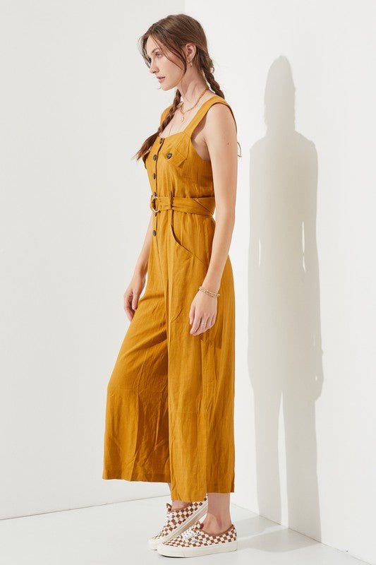 PLUS SLEEVELESS SQUARE NECK BUTTON ANKLE JUMPSUIT - Robbi & Angel