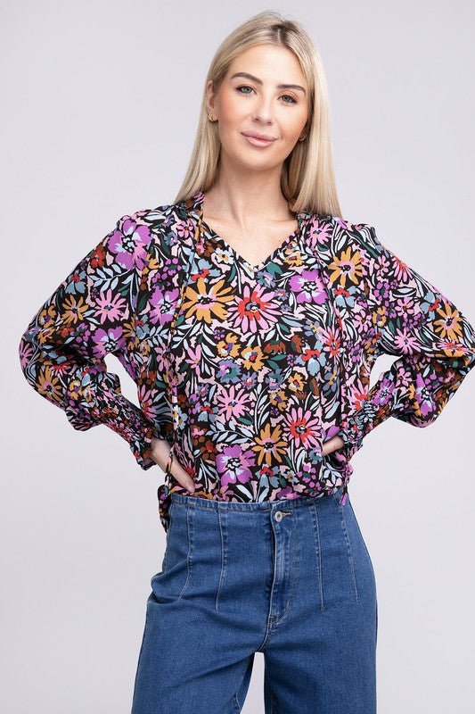 Floral Print Tie V Neck Blouse - Robbi & Angel