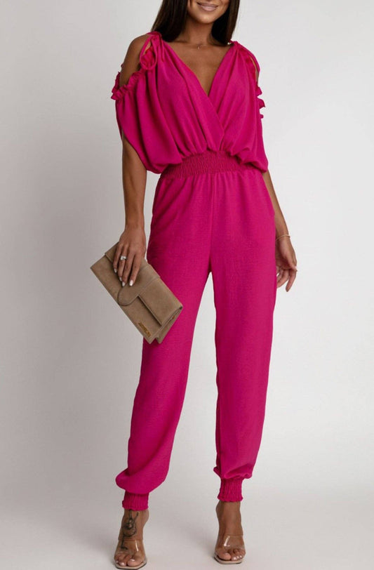 Azelia Cold Shoulder Jumpsuit-Hot Pink