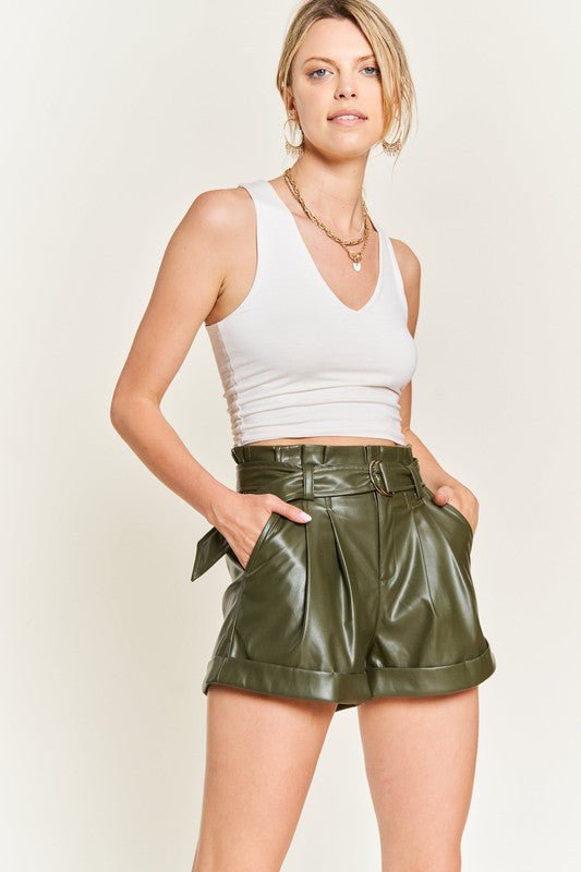 High-rise waist Belted Faux Leather Short JJB5001 - Robbi & Angel