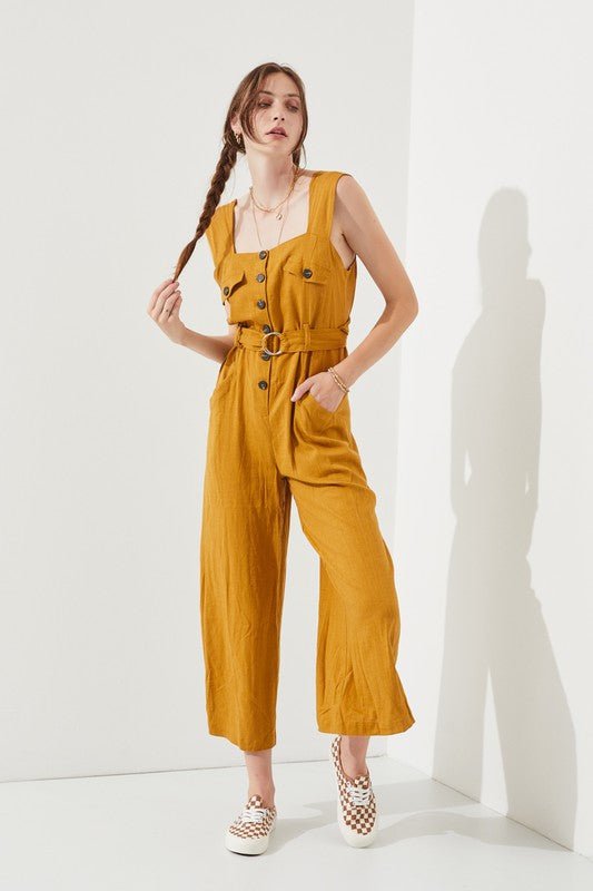 PLUS SLEEVELESS SQUARE NECK BUTTON ANKLE JUMPSUIT - Robbi & Angel