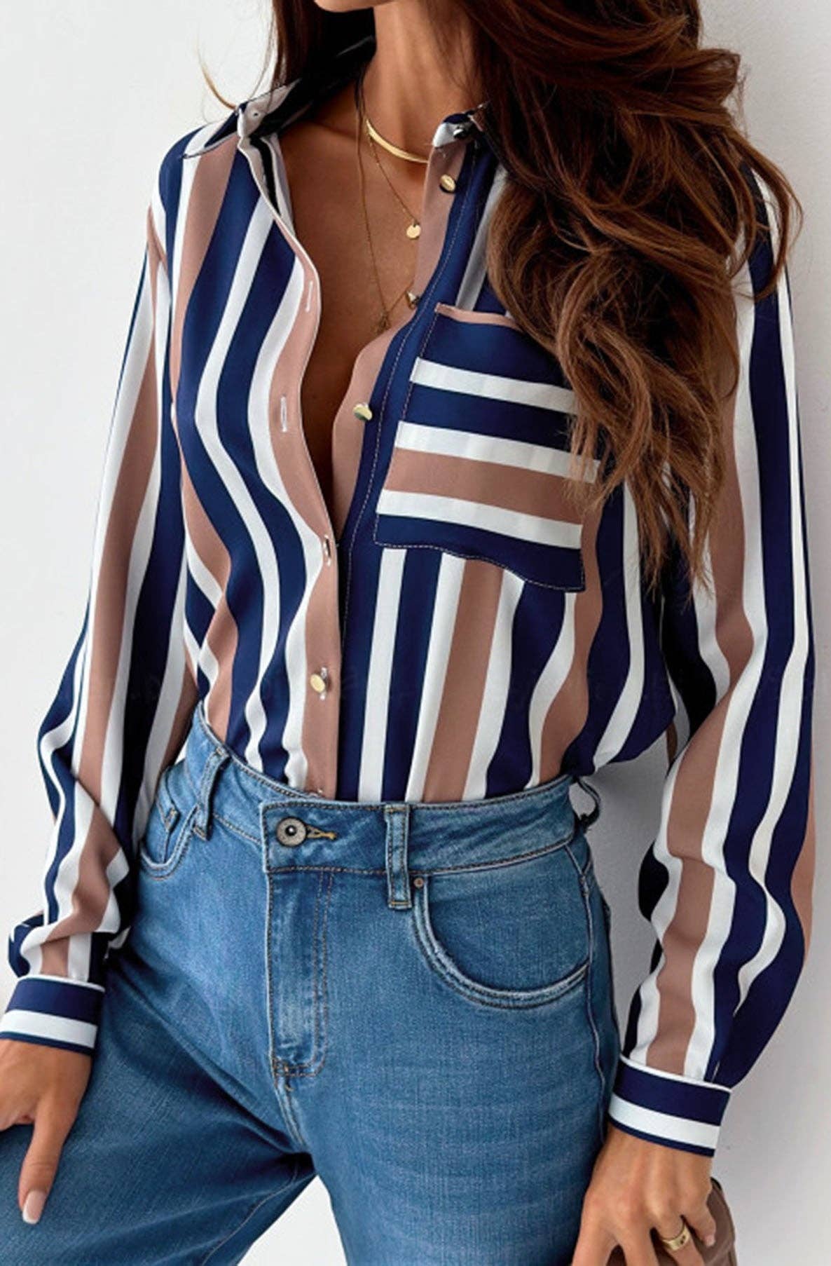 Shaya Striped Pocket Detail Blouse Top Shirt-Peach