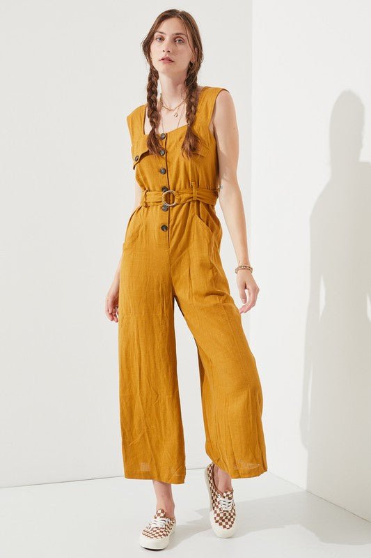 PLUS SLEEVELESS SQUARE NECK BUTTON ANKLE JUMPSUIT - Robbi & Angel