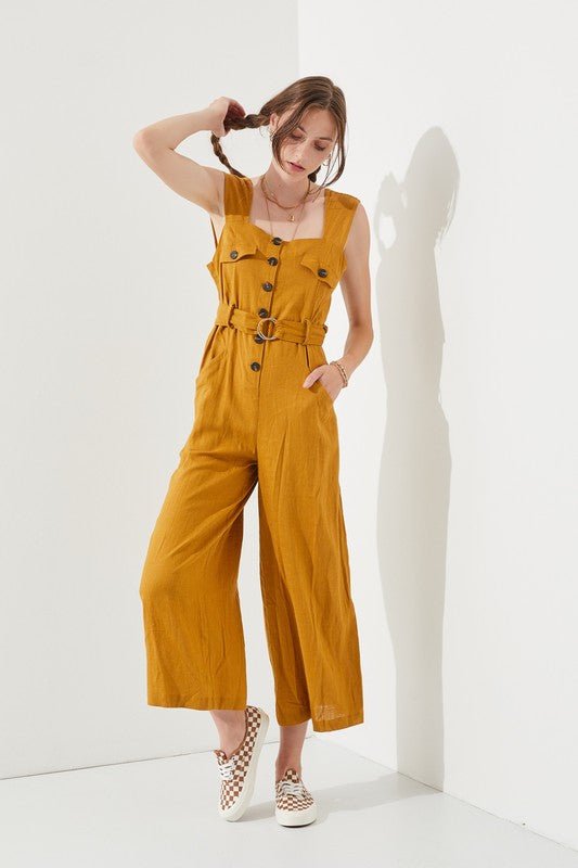 PLUS SLEEVELESS SQUARE NECK BUTTON ANKLE JUMPSUIT - Robbi & Angel