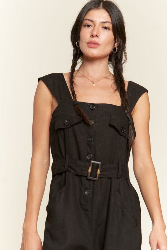 PLUS SLEEVELESS SQUARE NECK BUTTON ANKLE JUMPSUIT - Robbi & Angel