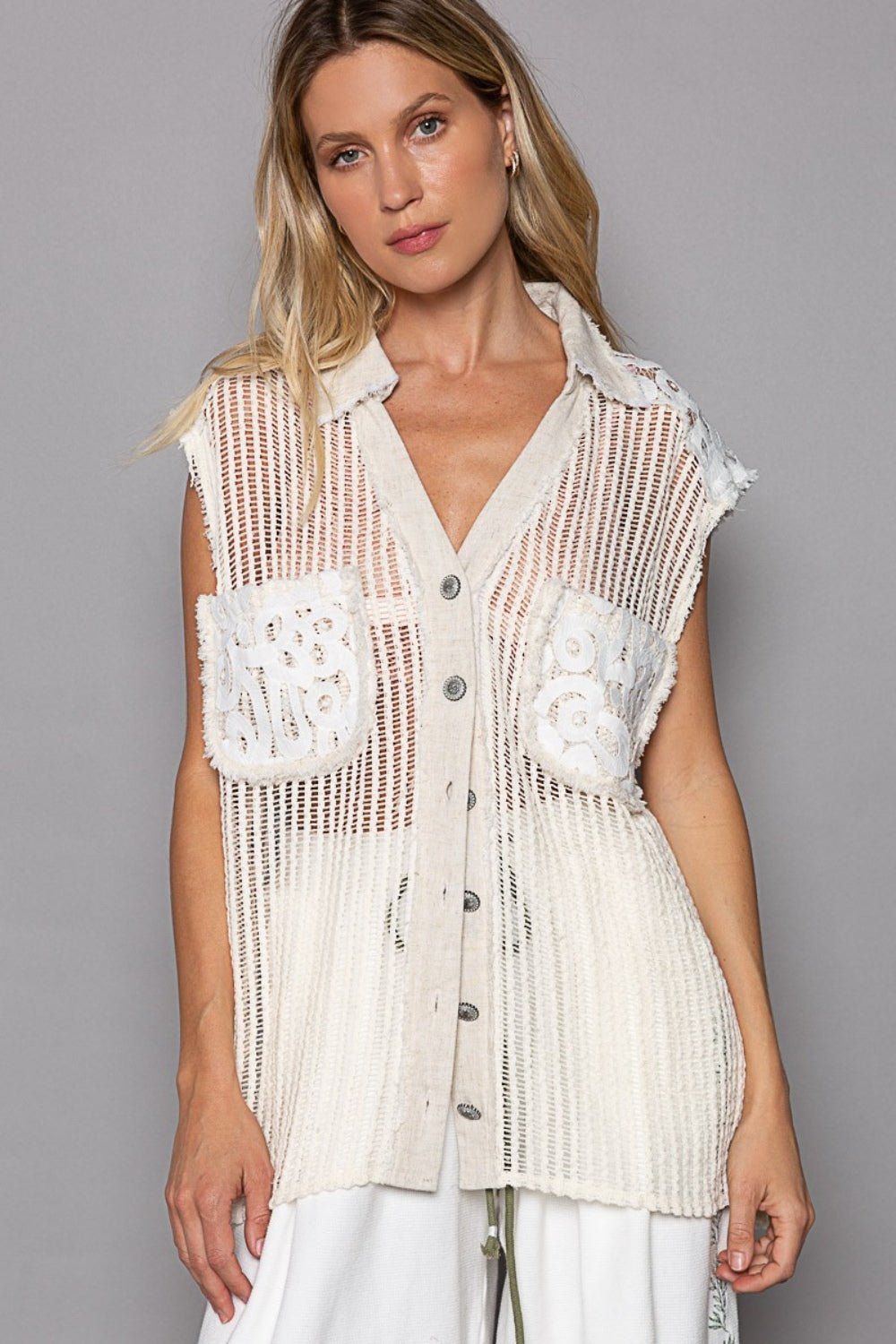 POL Button Down Crochet Patches Knit Vest