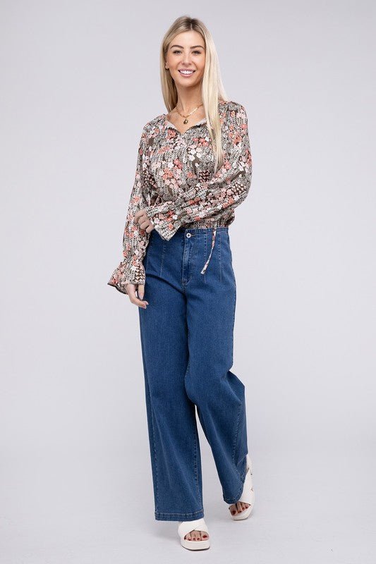 Floral Print Tie Neck Blouse - Robbi & Angel